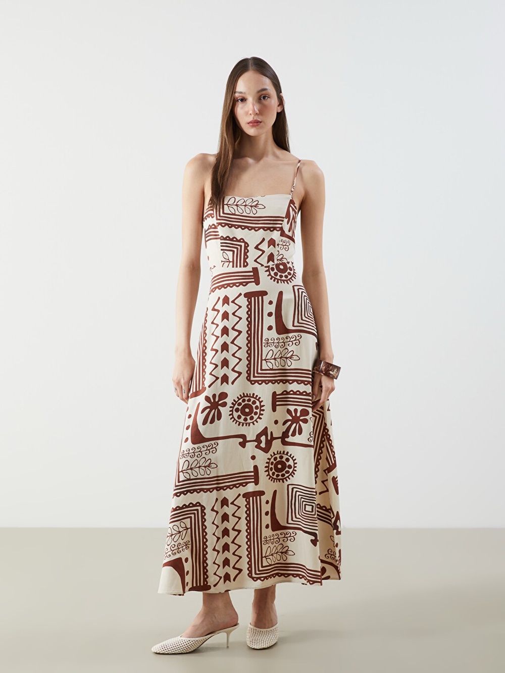 LCW Vision Square Neck Patterned Linen Blend Strappy Dress